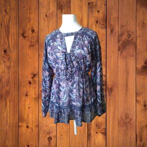 Skylar & Jade Small Semi Sheer High Neck Top Keyhole Neckline Floral Cottagecore